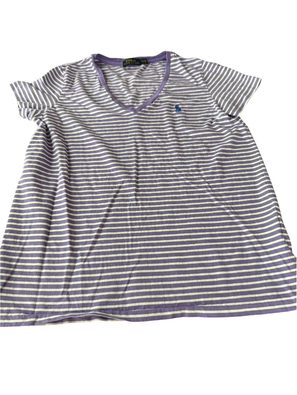 Polo Ralph Lauren V Neck Purple White Stripe Short Sleeve Shirt Size M Preppy